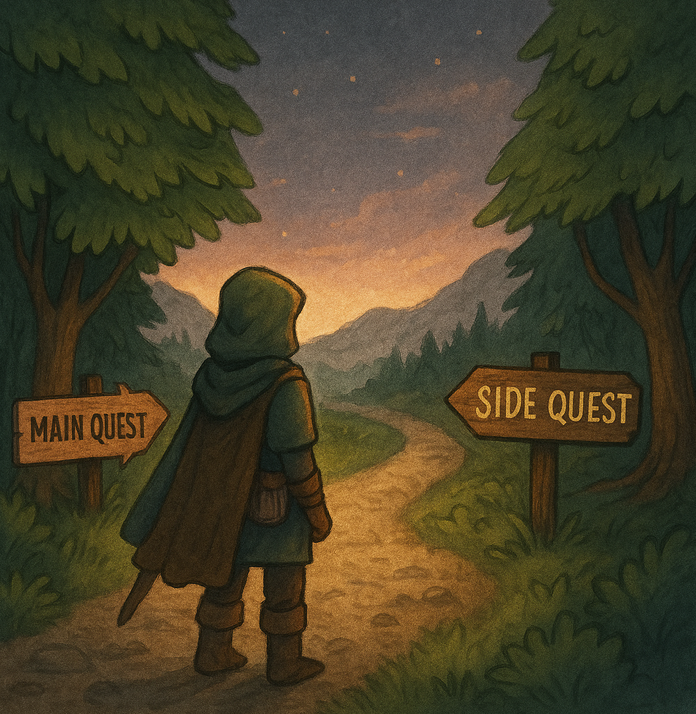 A cloaked adventurer stands at a forest path split between two signs—one pointing to "Main Quest," the other to "Side Quest"—with a glowing twilight sky in the background.