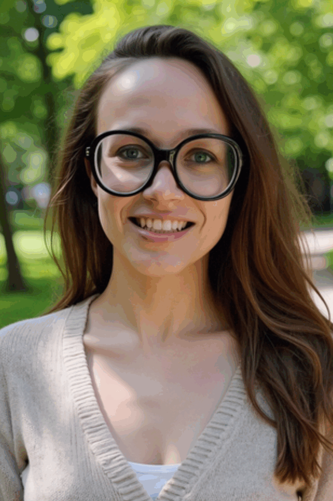 Jenna Stone, LCSW-C, smiling outdoors with long brown hair and glasses. Neurodivergent-affirming therapist and evaluator in Maryland.