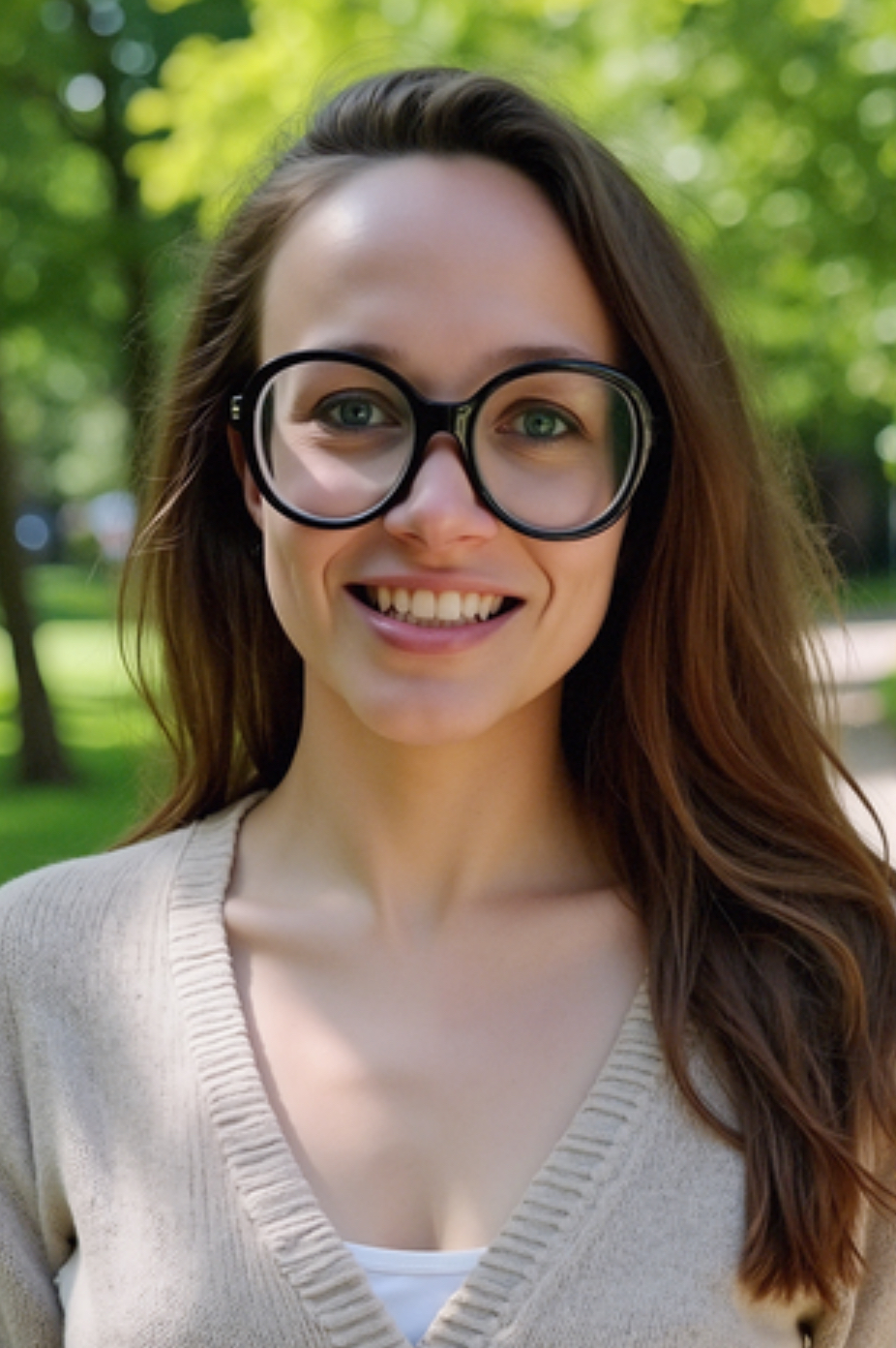 Jenna Stone, LCSW-C, smiling outdoors with long brown hair and glasses. Neurodivergent-affirming therapist and evaluator in Maryland.