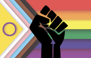 Progress Pride flag with raised fist symbolizing intersectional justice