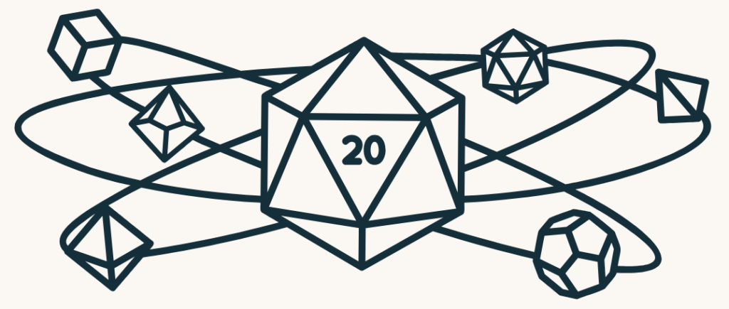 Illustration of a large 20-sided die (d20) surrounded by orbiting polyhedral dice, used as a fantasy-themed page divider for a neurodivergent-affirming therapy website