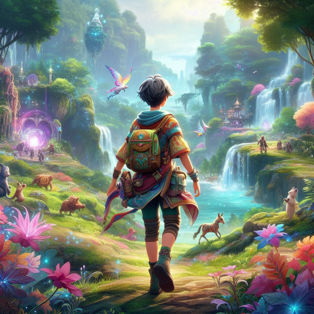 Adventurer walking into a magical forest filled with waterfalls, creatures, and glowing flowers—symbolizing the journey of beginning therapy at Side Quest Psychotherapy.