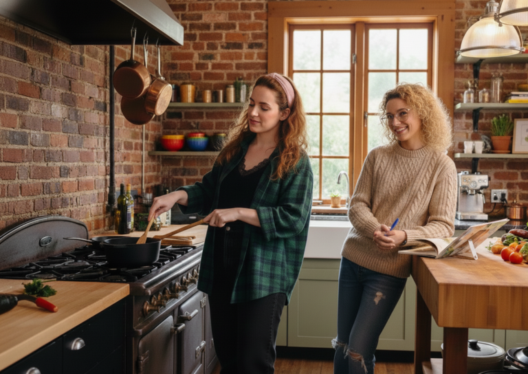 Two adults in a warm kitchen space, one cooking at a stove while another stands nearby with a notebook, suggesting collaborative support during meal preparation.