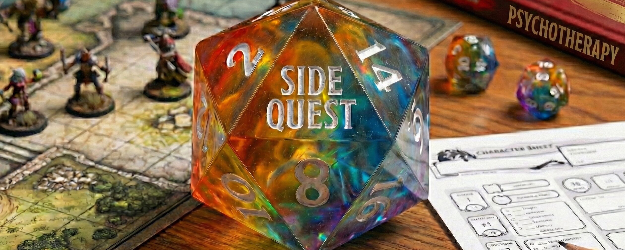 A multicolored D20 die engraved with "Side Quest" on a tabletop RPG setup, symbolizing nonlinear paths and neuroaffirming mental health care