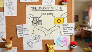 Pokémon-themed recovery board for ED and intersex advocacy at Side Quest Psychotherapy.