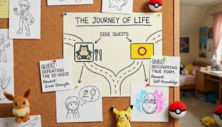 Pokémon-themed recovery board for ED and intersex advocacy at Side Quest Psychotherapy.