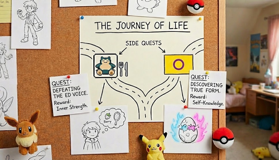 Pokémon-themed recovery board for ED and intersex advocacy at Side Quest Psychotherapy.