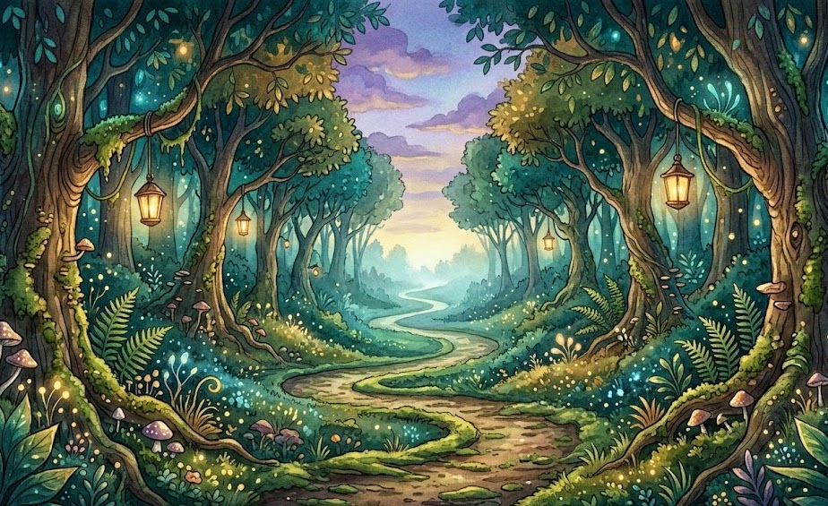 A magical winding forest path with glowing lanterns representing the nonlinear journey of therapy and recovery at Side Quest Psychotherapy