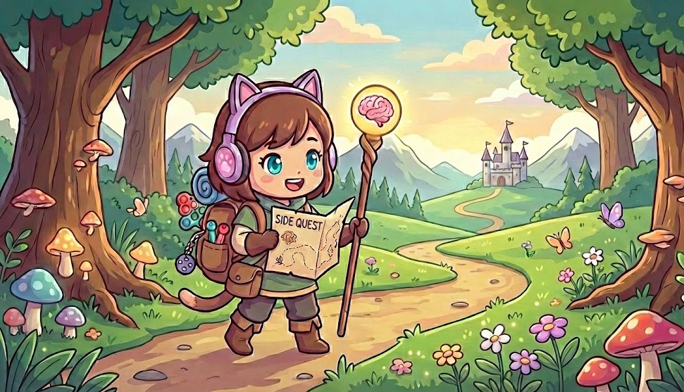 A cartoon adventurer with blue-green eyes holding a map labeled 'Side Quest,' representing the start of neurodivergent-affirming therapy.