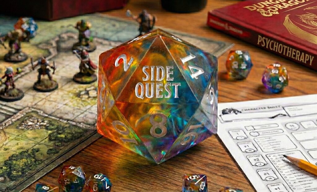 A multicolored D20 die engraved with "Side Quest" on a tabletop RPG setup, symbolizing nonlinear paths and neuroaffirming mental health care