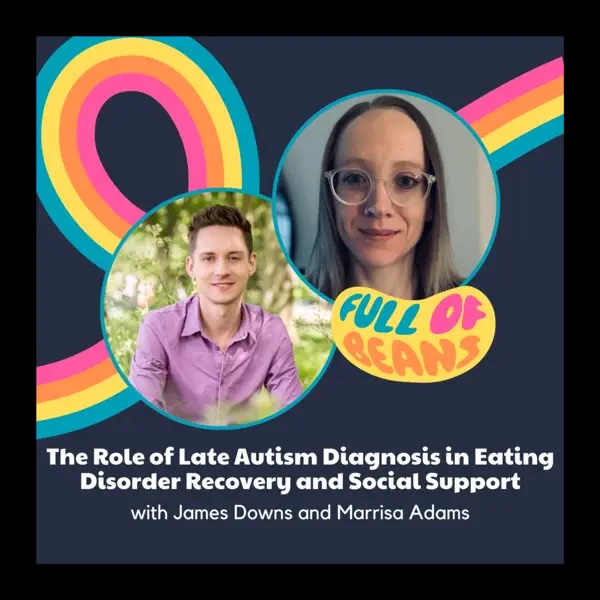Podcast graphic for Full of Beans: The Role of Late Autism Diagnosis in Eating Disorder Recovery featuring James Downs and Marrisa Adams