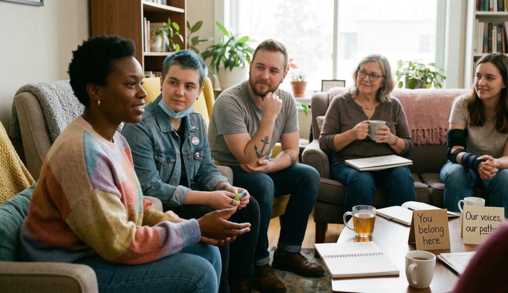 A diverse group of people in a cozy therapy space at Side Quest Psychotherapy. They are sitting together in a supportive circle with journals, tea, and signs that read "You belong here."