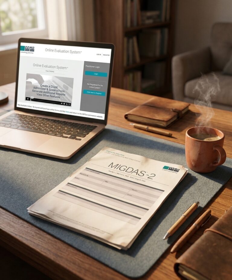 MIGDAS-2 neuroaffirming autism evaluation form beside a laptop — telehealth autism assessment at Side Quest Psychotherapy in Maryland, Virginia, and Florida